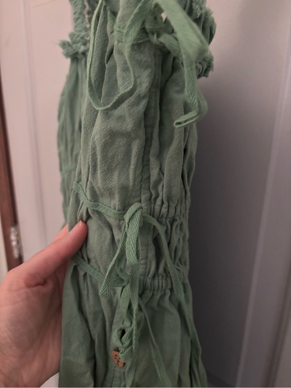 Free People Sage Green Ruffled Strap Mini Cotton Sundress sz XL pockets buttons - Picture 3 of 8